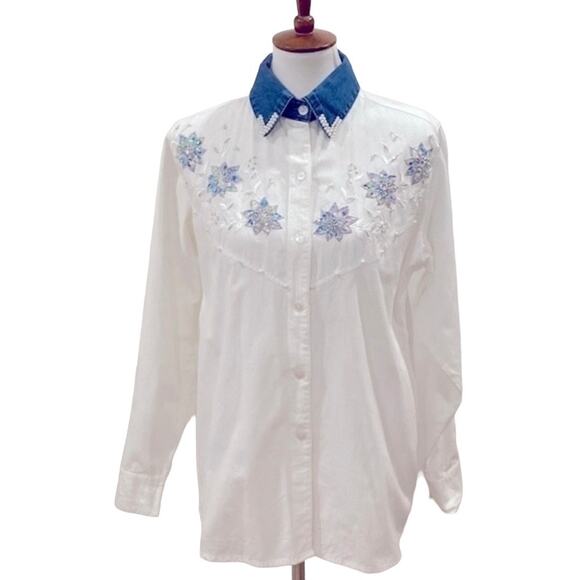 Vintage Womens Western Show Shirt Large Denim Embroidered Pearl Sequin Chambray - Picture 1 of 15